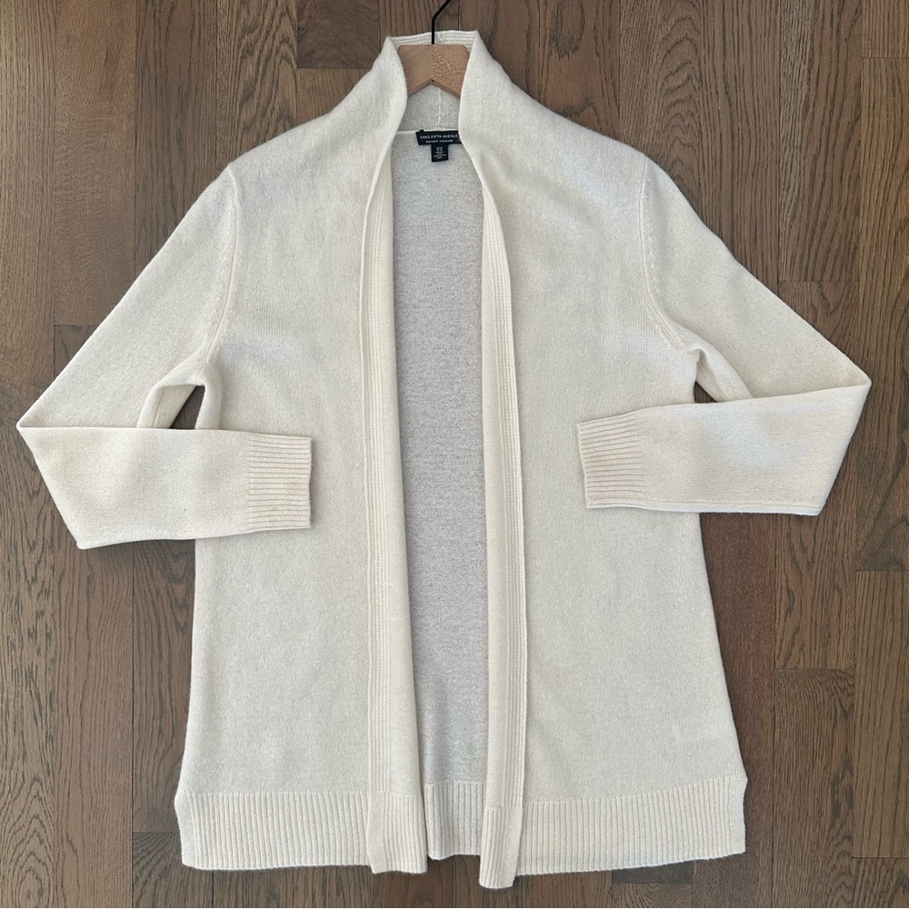 Saks Fifth Avenue 100% Cashmere Longline Open Cardigan Sweater in Cream Medium